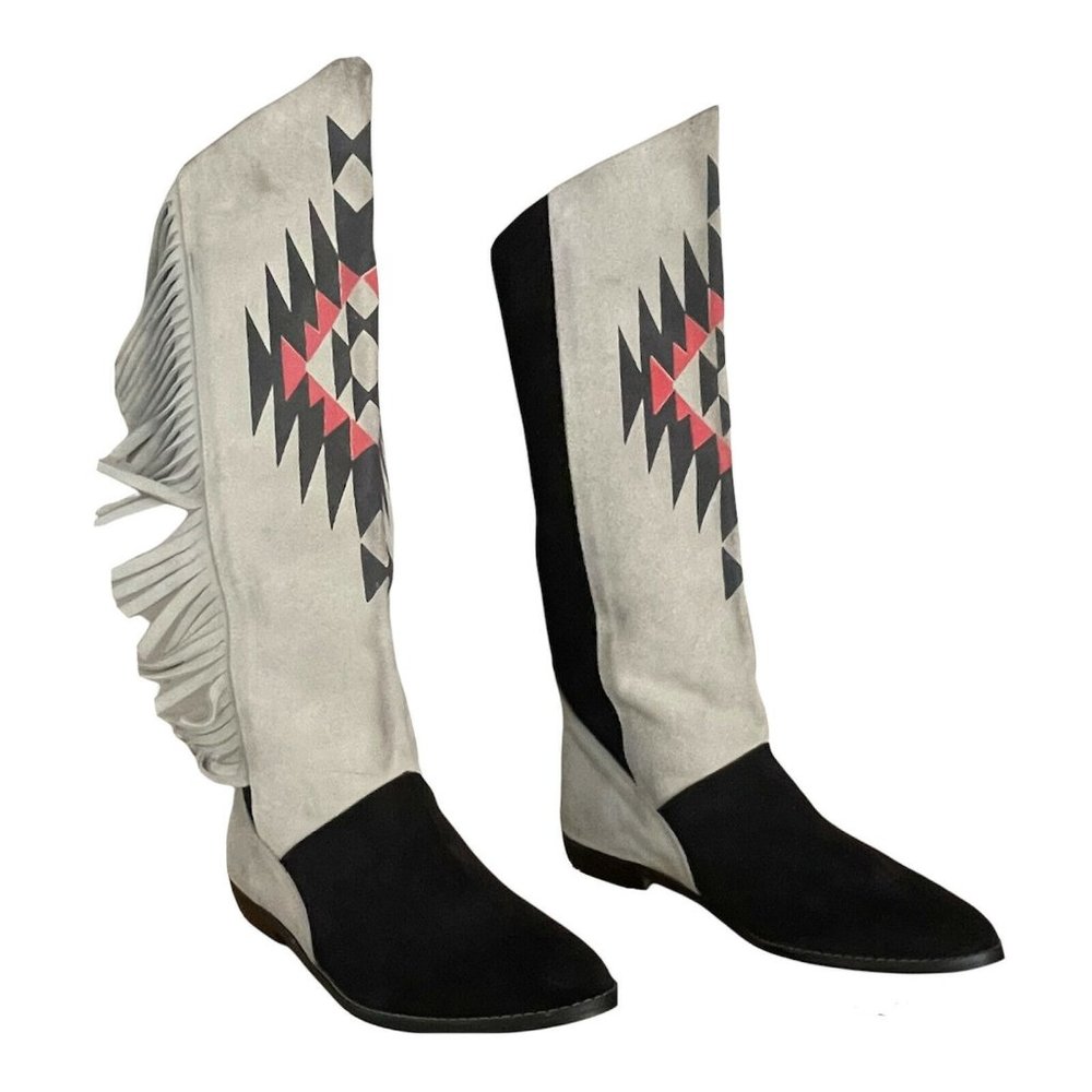 Biarritz Vintage 1980's 8 Women's Leather Fringe Boots Boho Tribal Southwestern